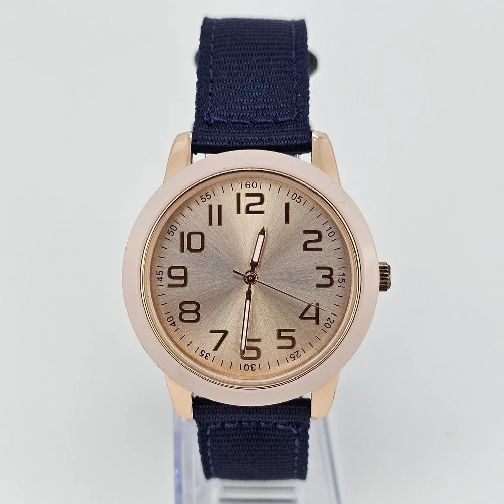 38MM Women's Analog Watch Gold Dial NEW Dark Blue Nylon Canvas Bands NEW Battery